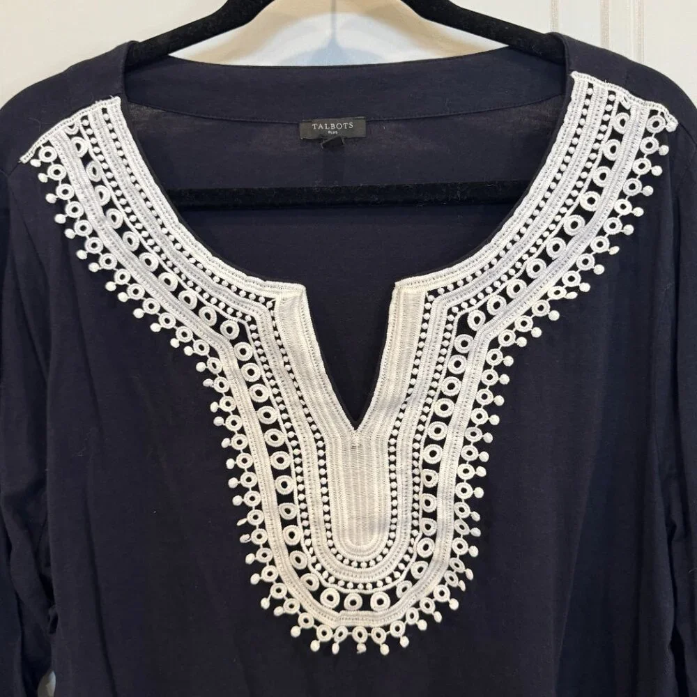 Talbots 2xl Navy with White Lace Detail 3/4 Length Sleeves EUC